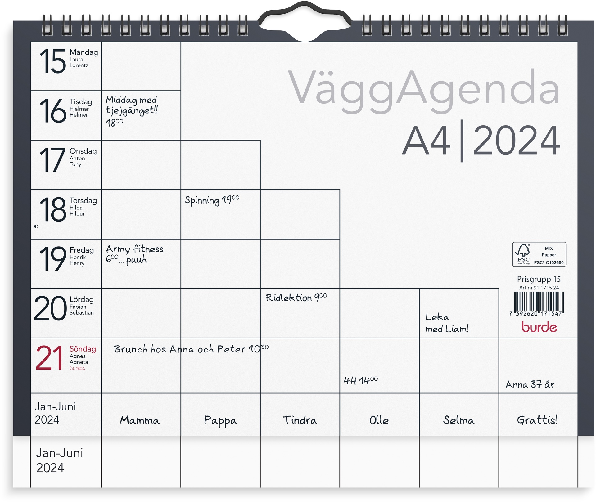 [61171524] Väggkalender 2024 Agenda A4