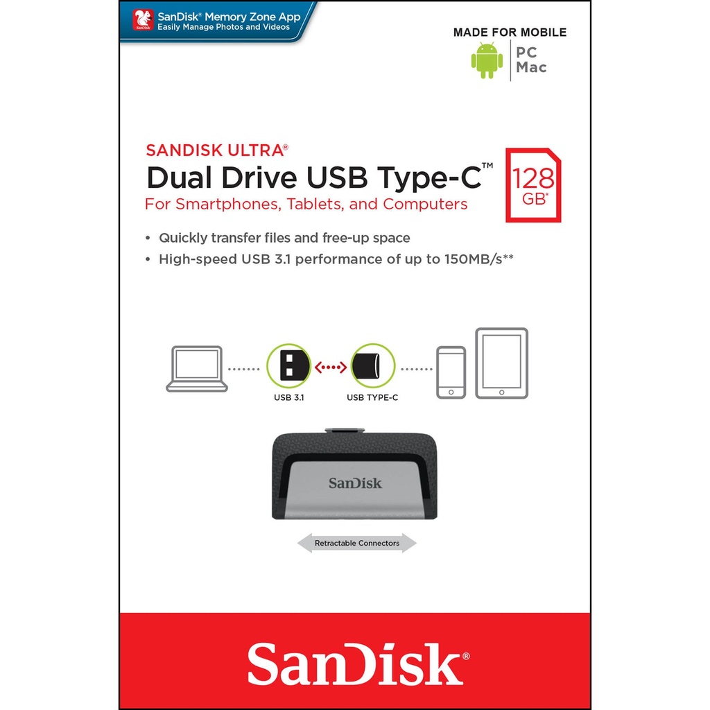USB C-A minn SanDisk 3.1 128GB Svart/Silver