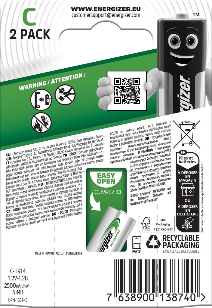 Batteri Laddbar Energizer C 2 st/fp