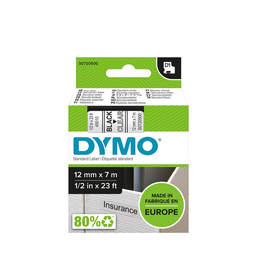 Märkband Dymo D1 svart/klar 12 mm