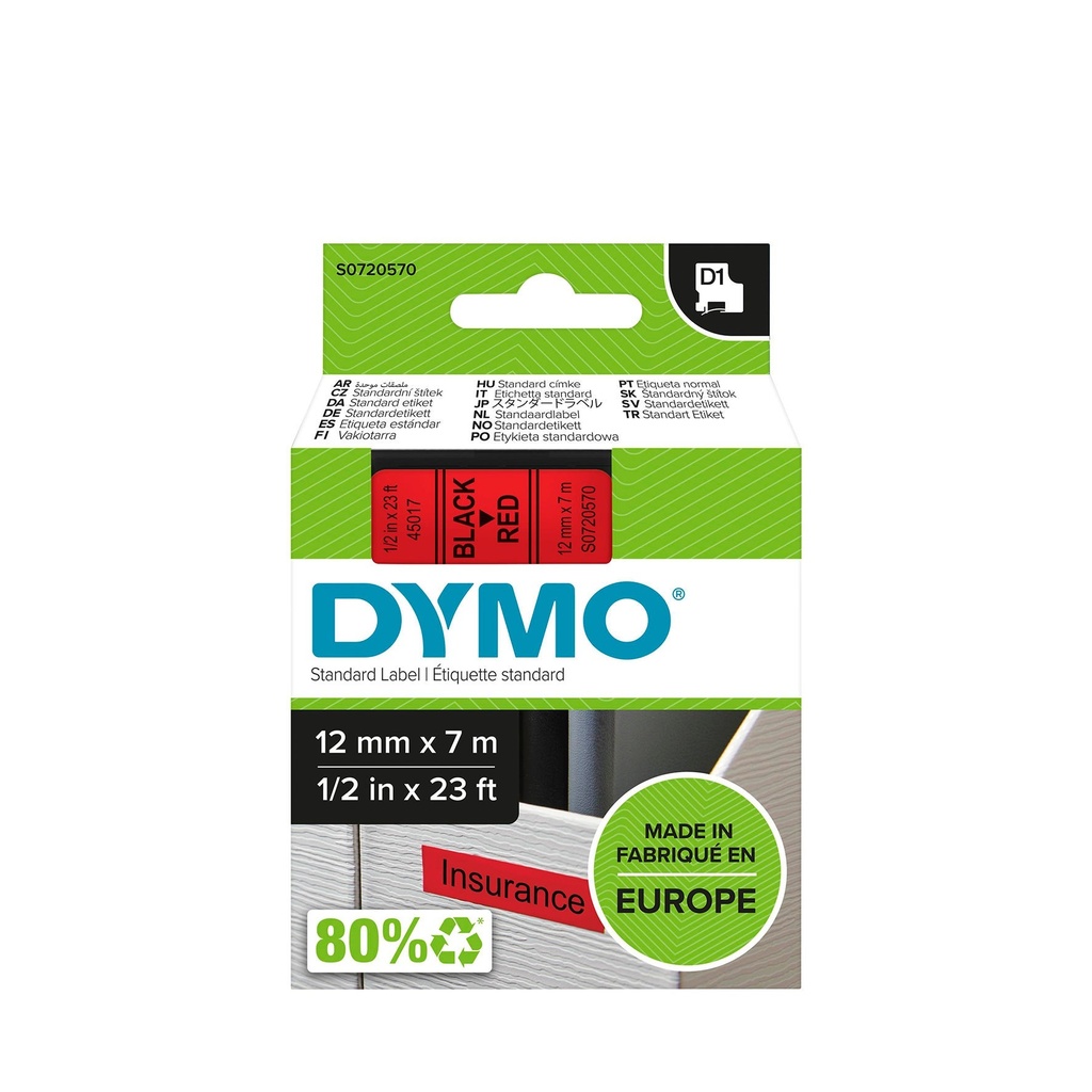 Märkband Dymo D1 Svart/Röd  12 mm