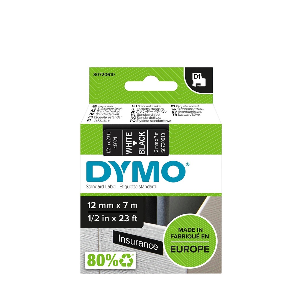 Märkband Dymo D1 Vit/Svart  12 mm