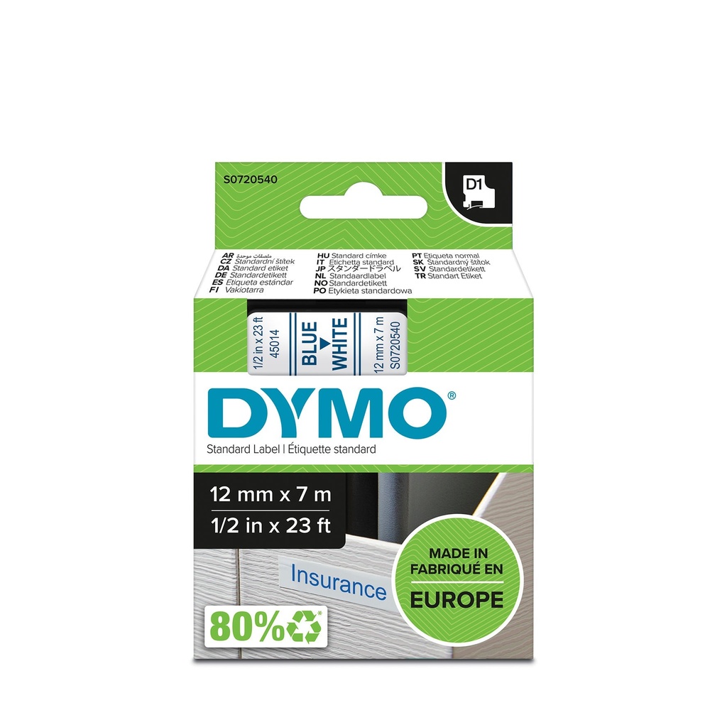 Märkband Dymo D1 Blå/Vit  12 mm