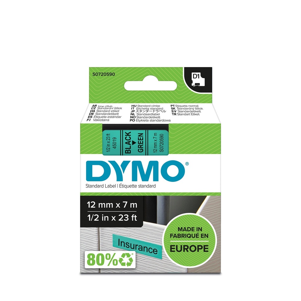 Märkband Dymo D1 Svart/Grön 12 mm