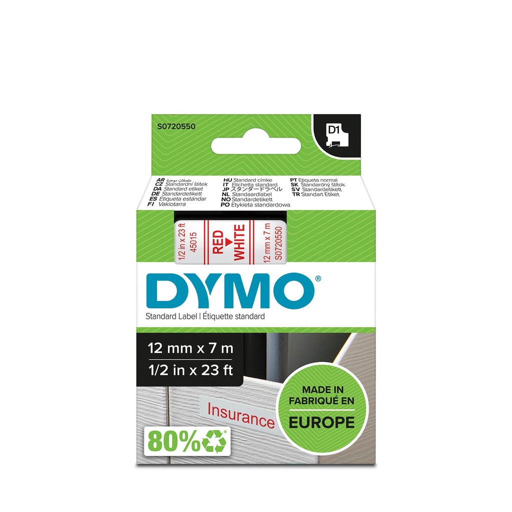 Märkband Dymo D1 Röd/Vit  12 mm