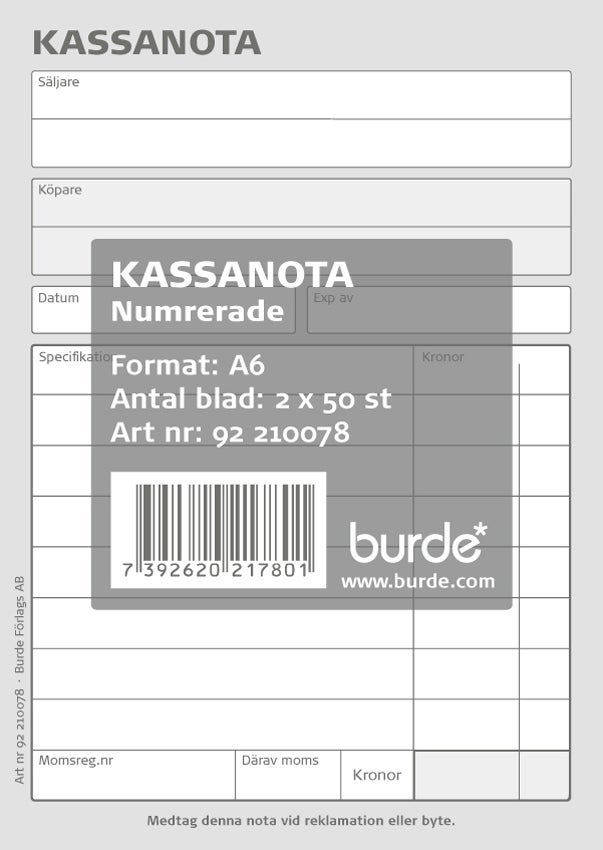 Kassanota 100x150mm 2x50numrerade blad