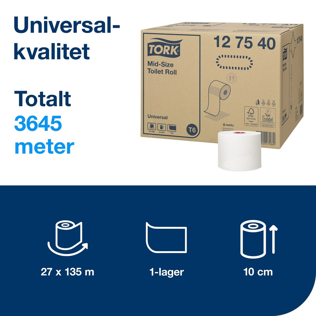 Toalettpapper Mid-size Universal T6 27 st/krt
