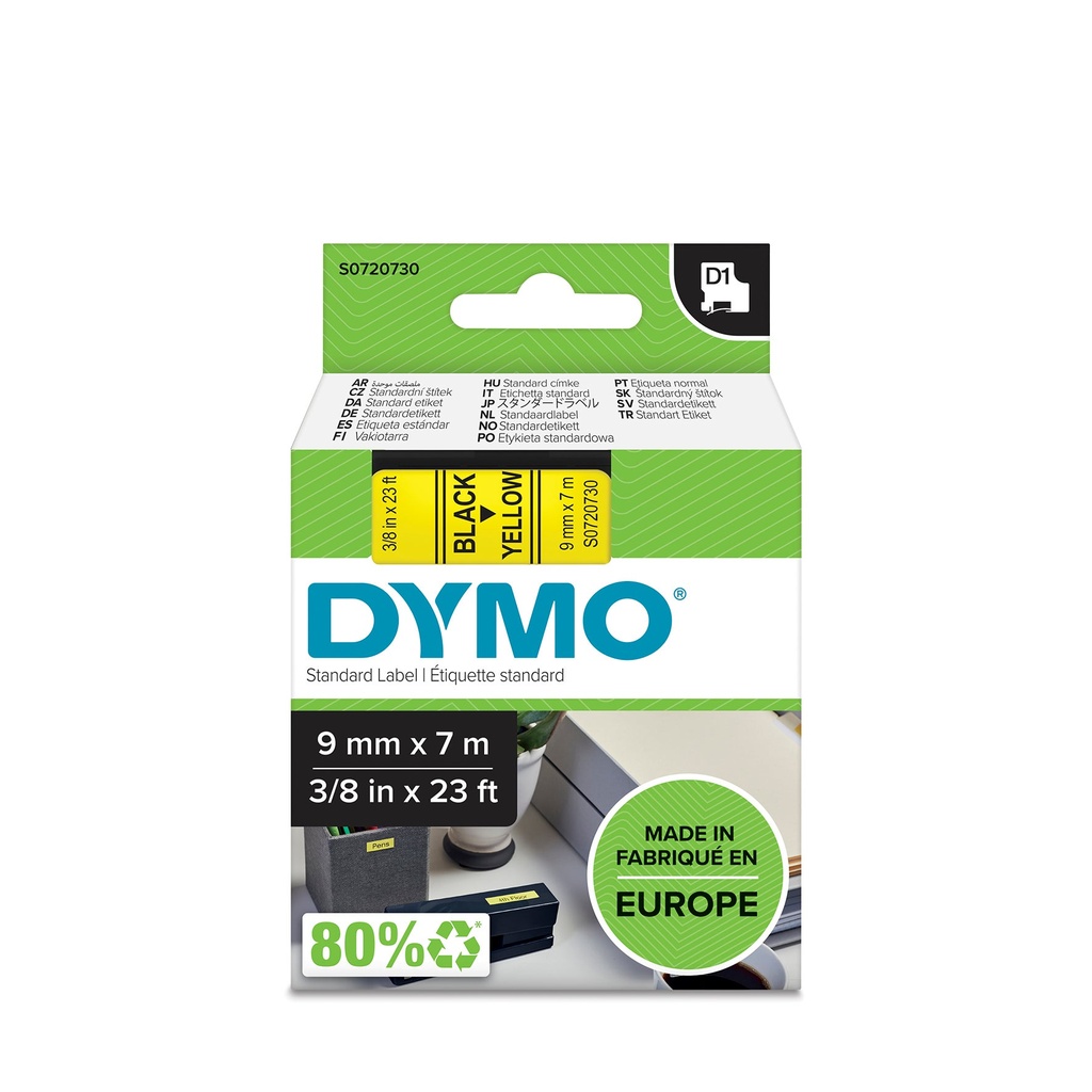 Märkband Dymo D1 9 mm svart/gul