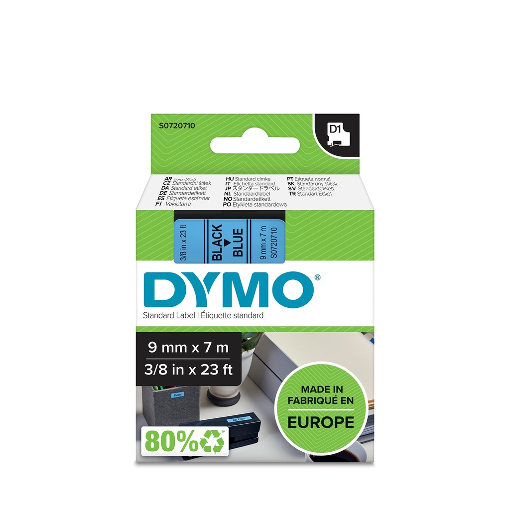 Märkband Dymo D1 svart/blå  9 mm