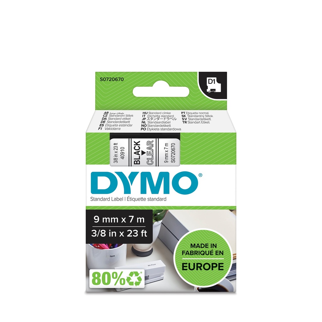 Märkband Dymo D1 9 mm svart/klar