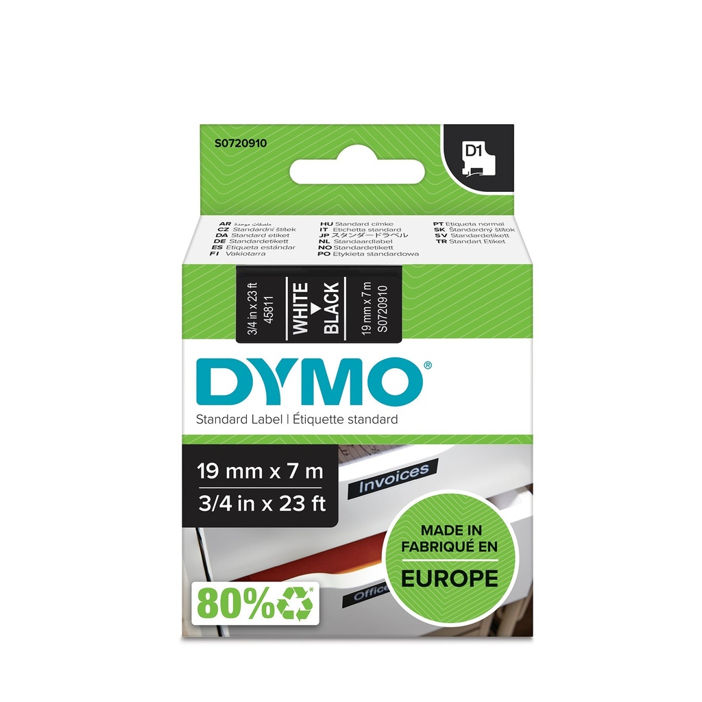 Märkband Dymo D1 vit/svart 19 mm