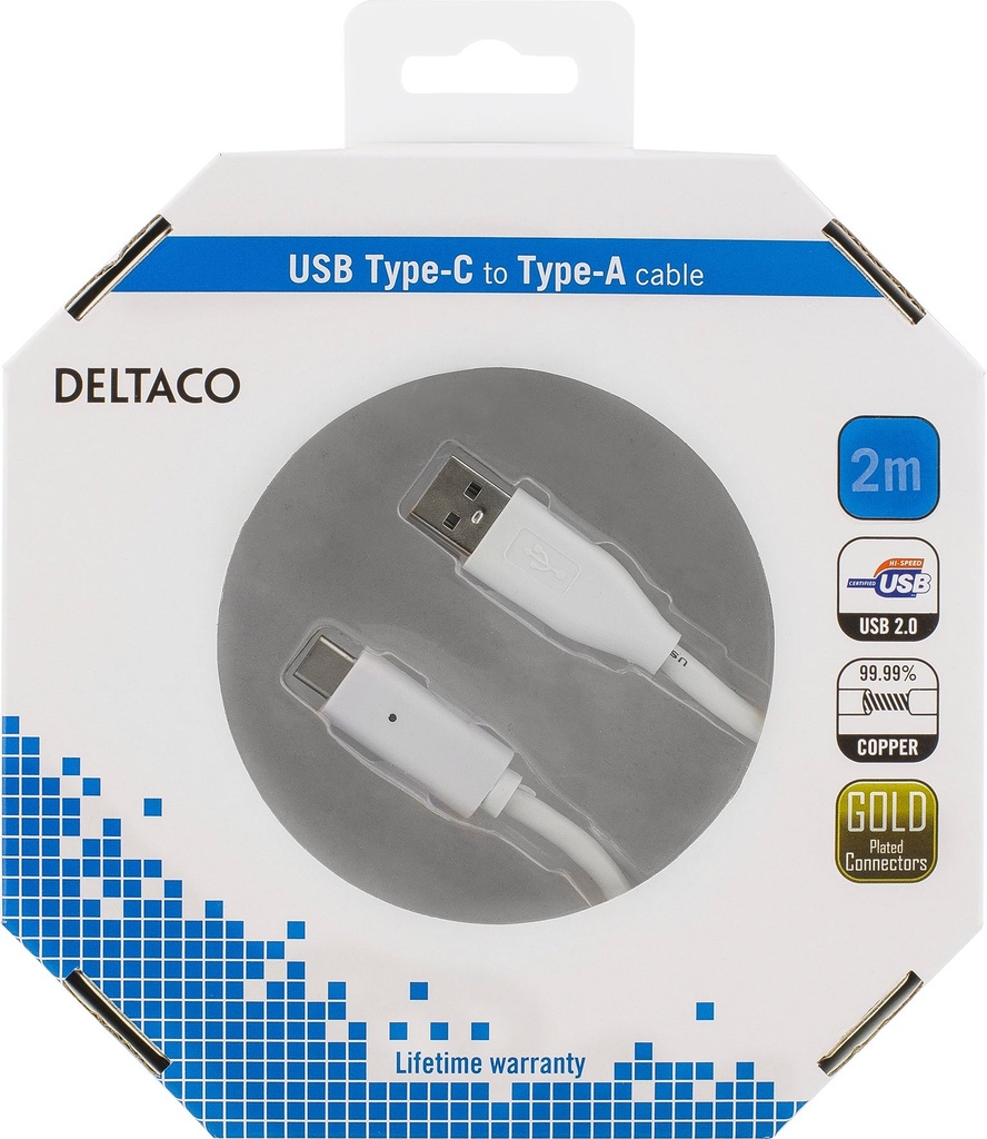 USB-C - A 2.0 Deltaco 2 Meter Vit