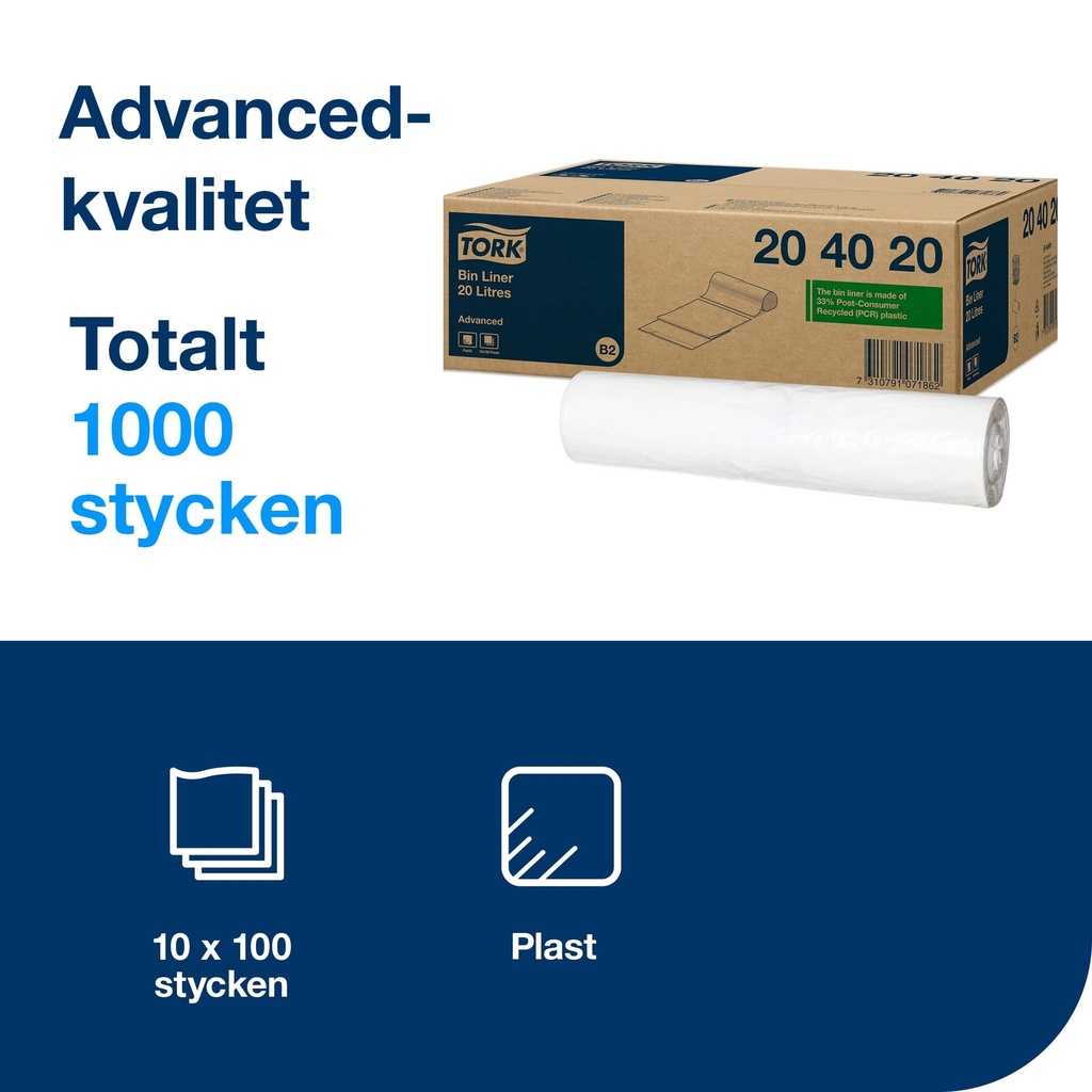 Soppåse B2 Tork 20 liter Vit 100/rl