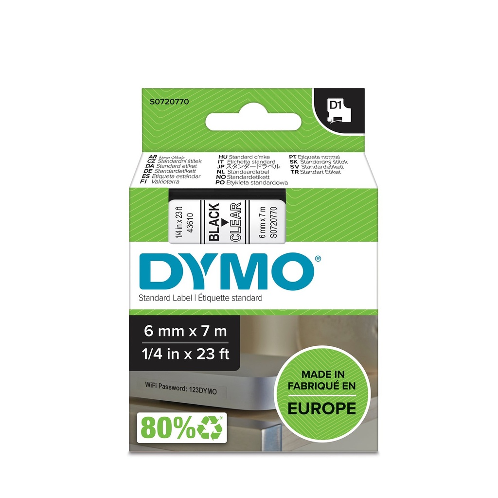 Märkband Dymo D1 6 mm svart/klar