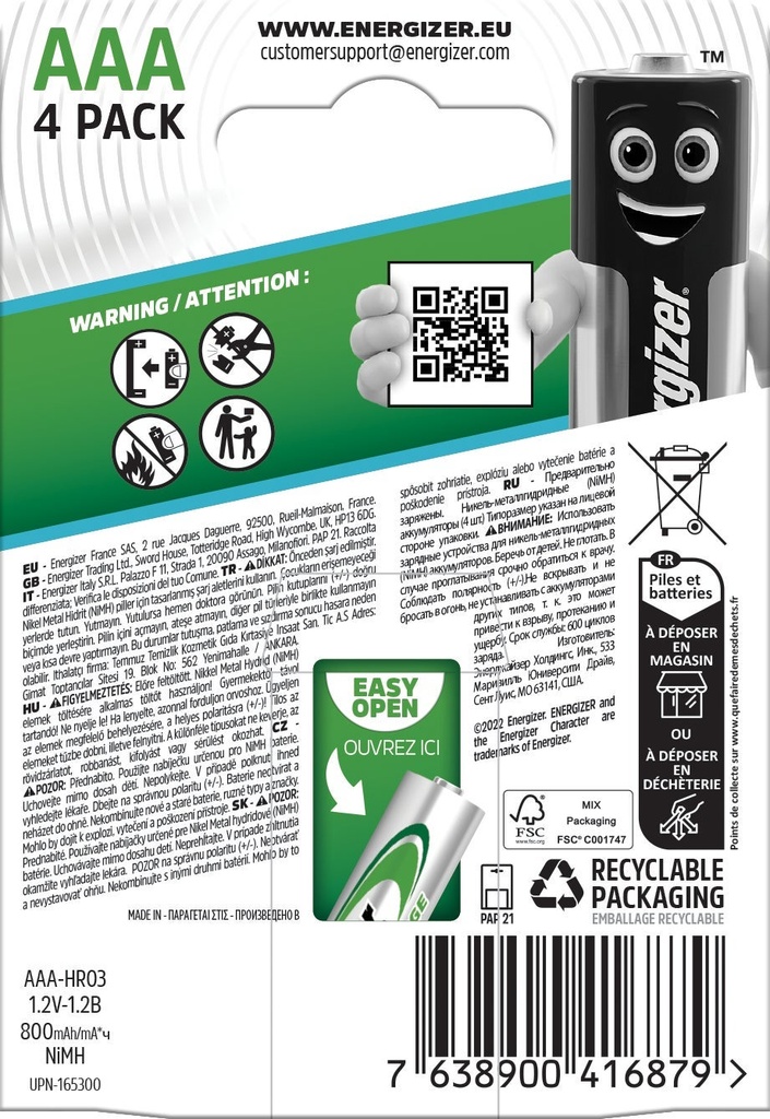 Energizer Extreme Laddningsbara Batterier AAA 4-pack 800 mAH