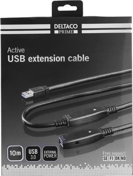 USB 3.0-förlängningskabel Prime Deltaco 10 meter Svart