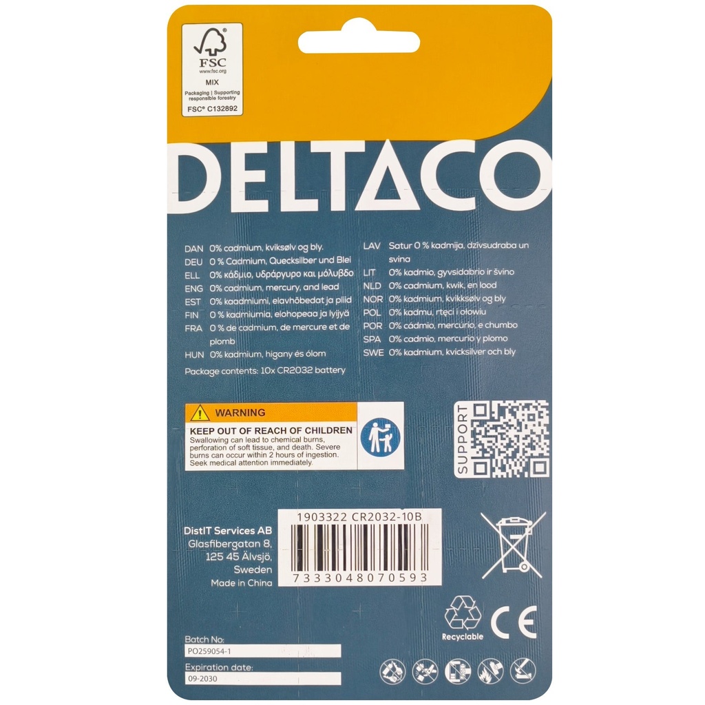 Knappcellsbatteri CR2032 Lithium 10-pack