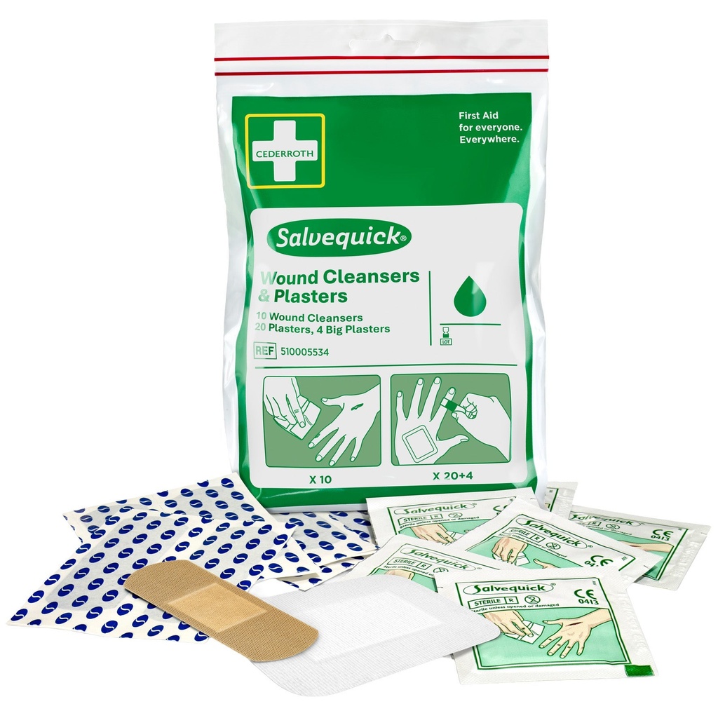 Sårtvätt och plåsterset Salvequick 34-pack