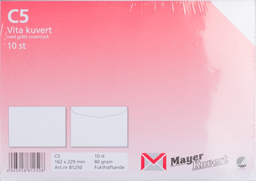 Kuvert C5 vit fukthäftande 10 st/fp