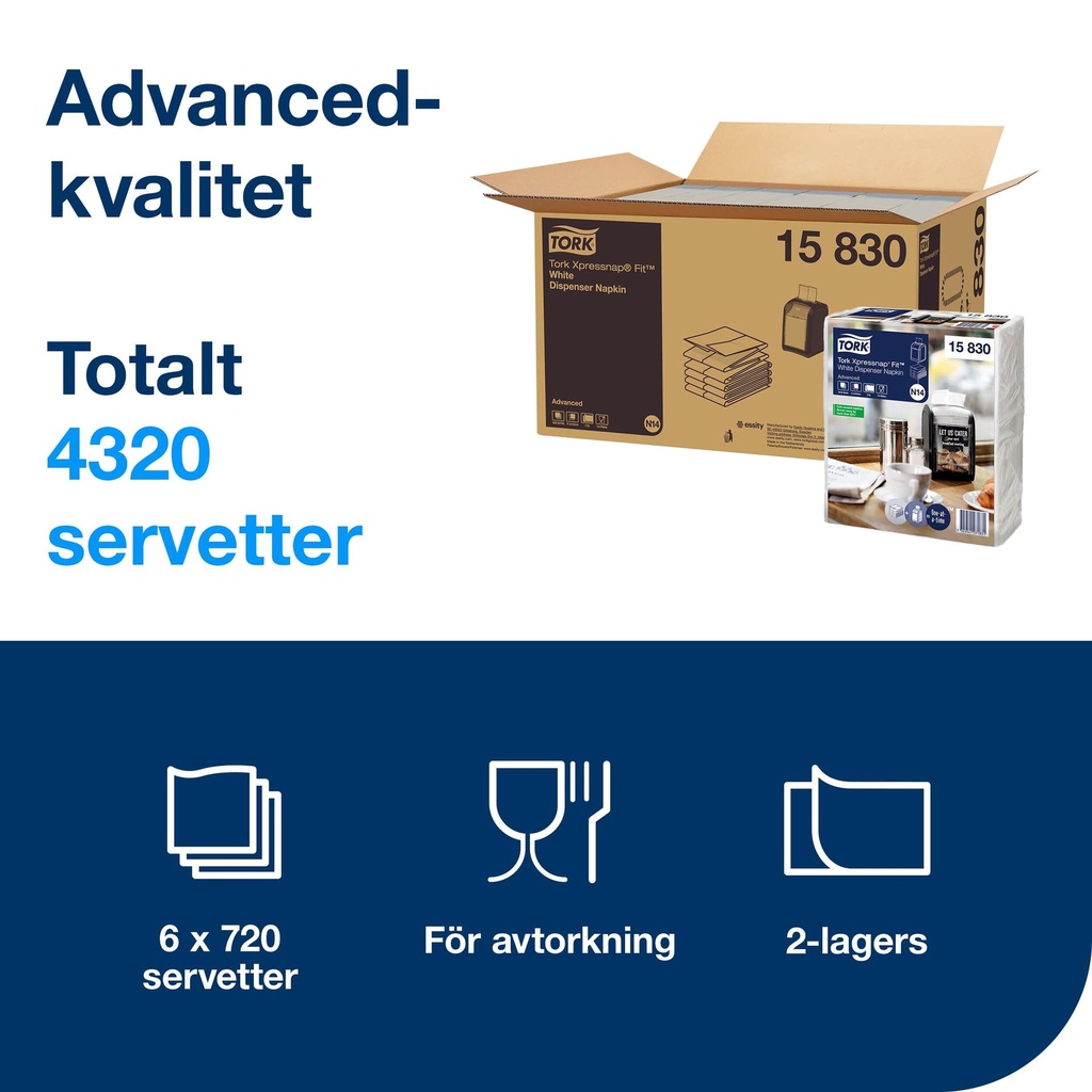 Dispenserservett Tork N14 2-lag vit 6x720 st
