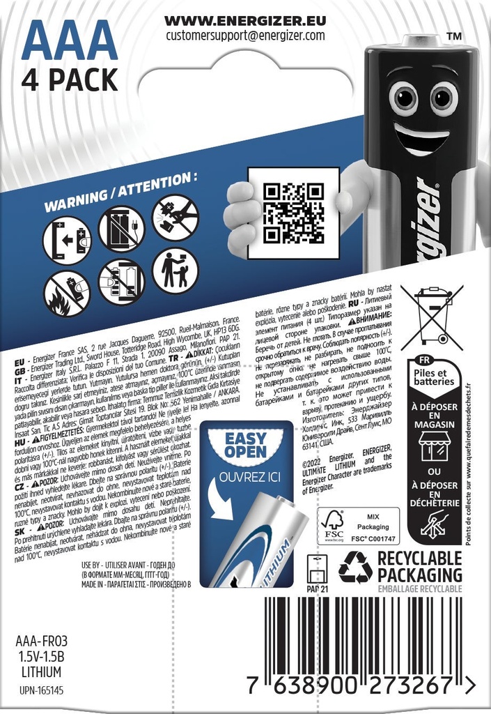Batteri Lithium AAA FR03 4-pack