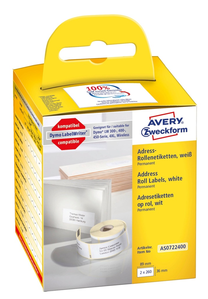 Etikett Avery 89 x 36 mm 2x260 st/fp