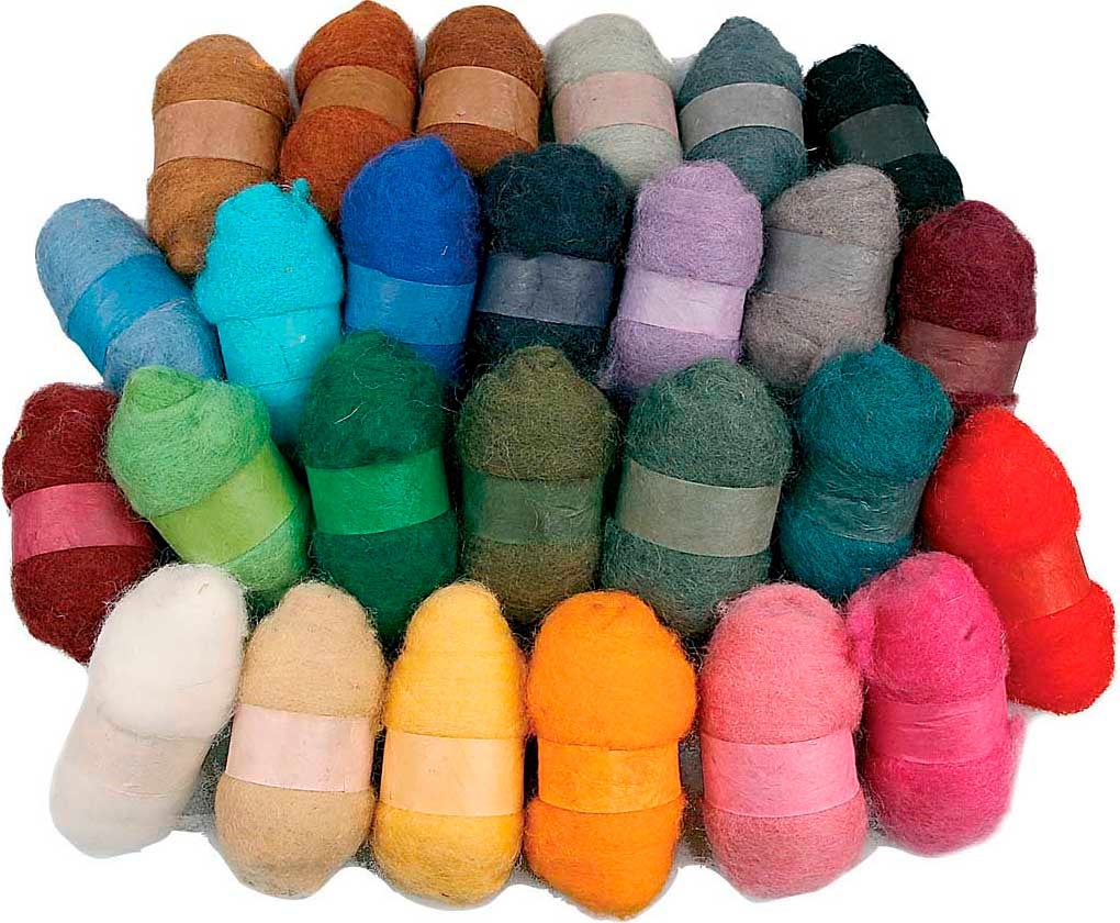 Kardad ull mixade färger 25 gram 26-pack