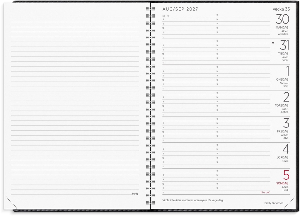 Stor Veckokalender 2027 svart konstläder Burde