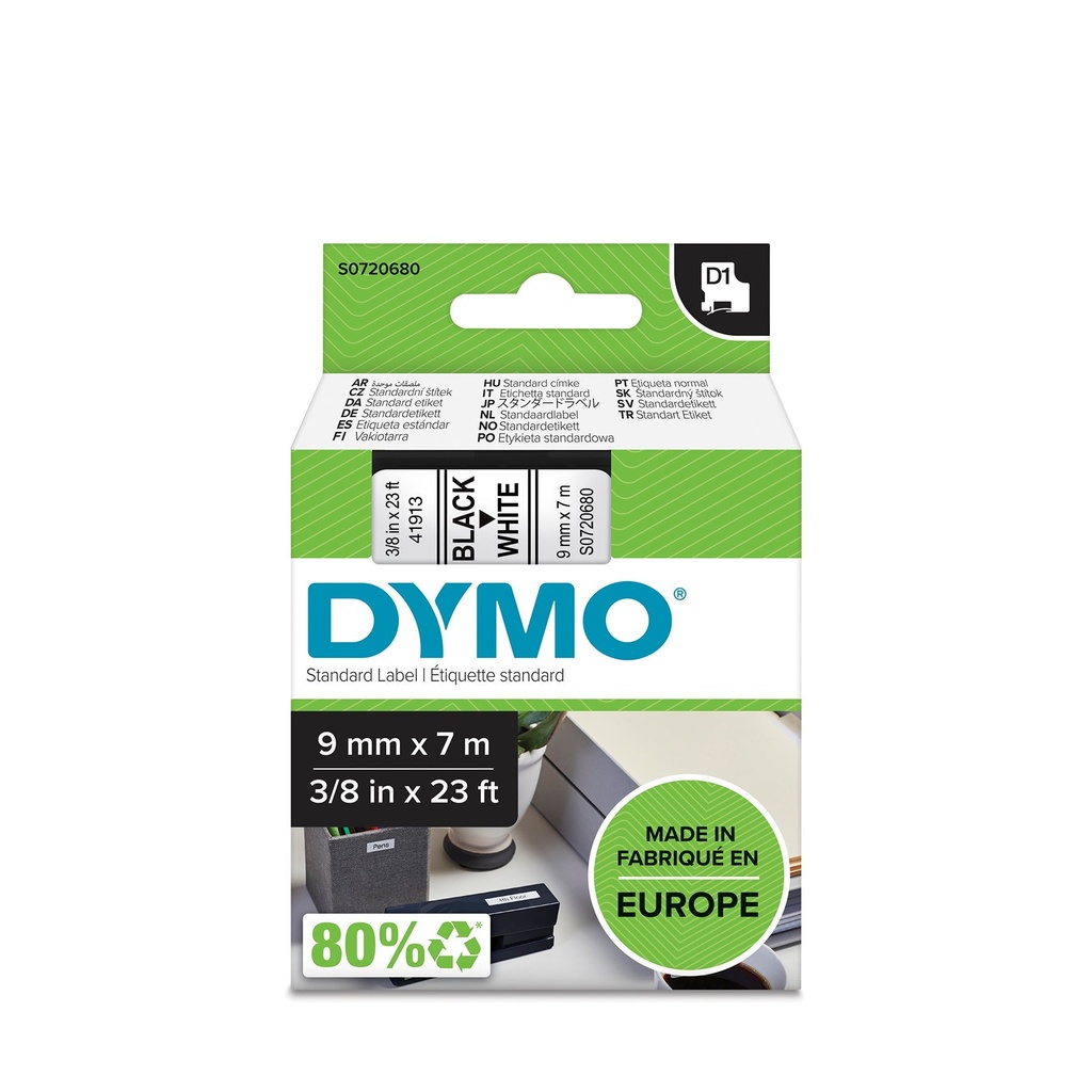 Märkband Dymo D1 9 mm svart/vit