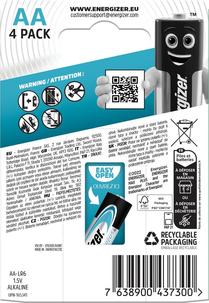 Energizer Batteri Max Plus Alkaliskt AA LR6 4-pack