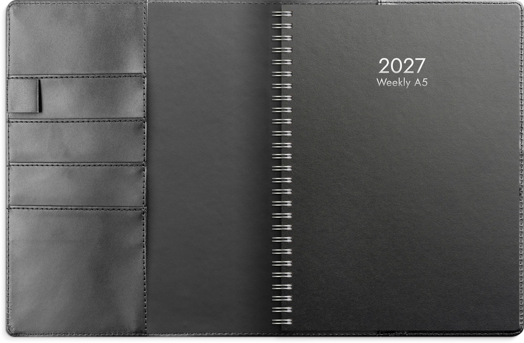 Kalender 2027 Weekly A5 svart konstläder