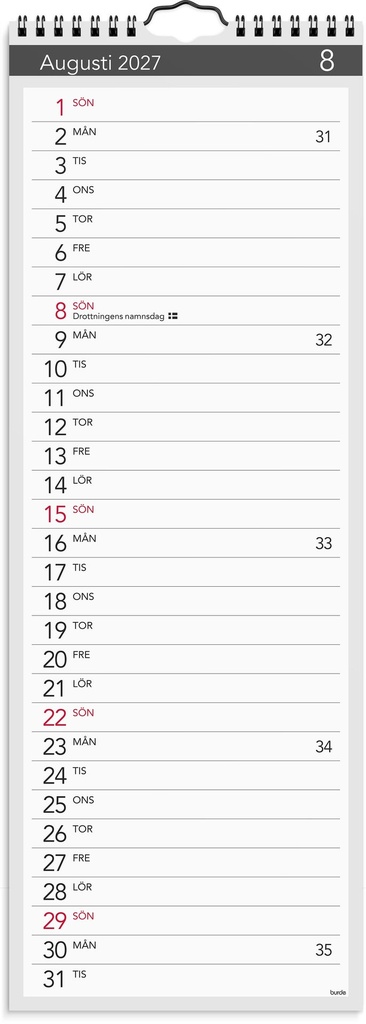 Lilla Väggkalender 2027 Elegant Burde