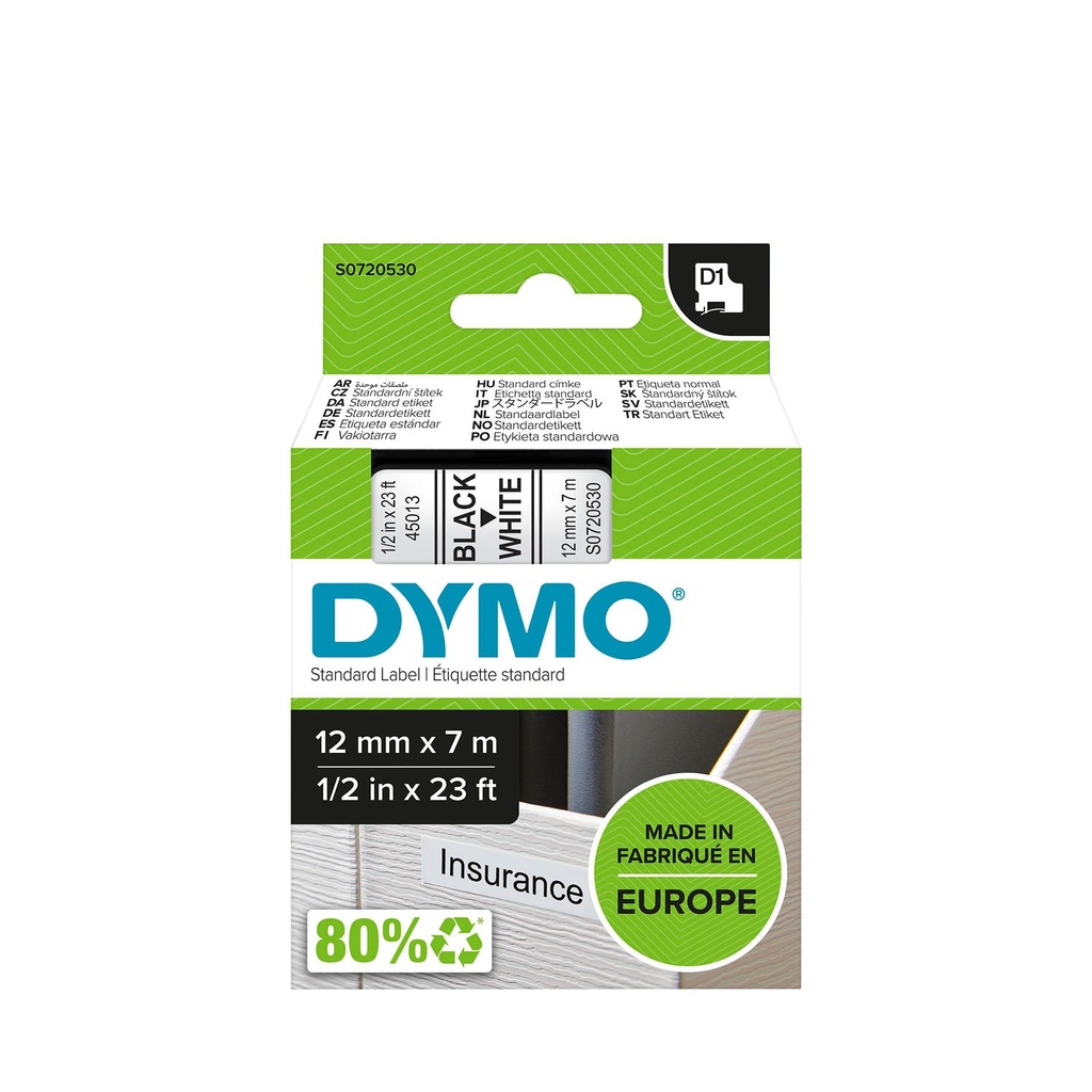 Märkband Dymo D1 Svart/Vit  12 mm