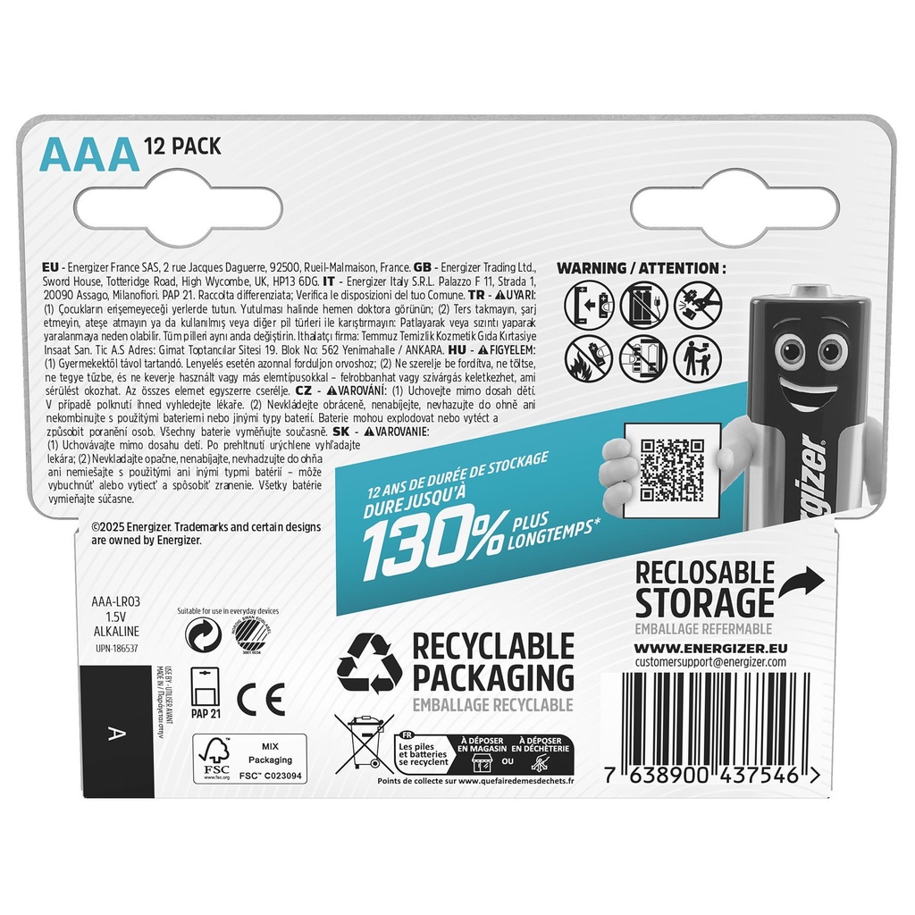 Batteri Energizer Max Plus Alkaliskt AAA LR03 12-pack
