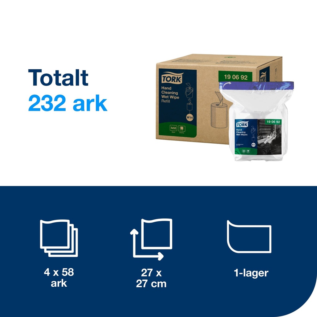 Våtdukar för handrengöring refill Tork W14 58-pack