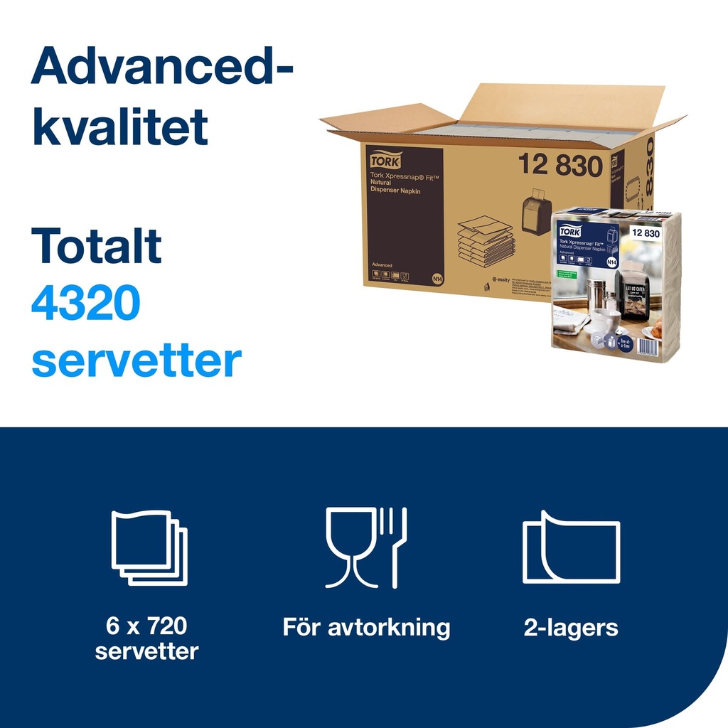Dispenserservett Tork N14 2-lag natur 6x720 st
