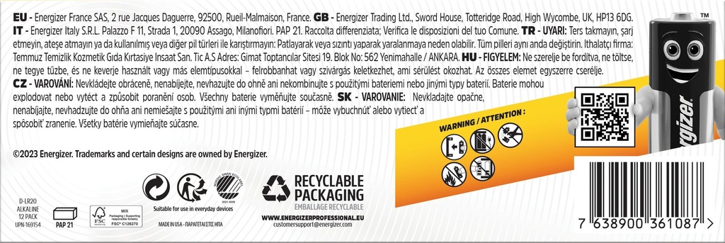 Batteri Industrial Alkaliskt D LR20 Energizer 12-pack