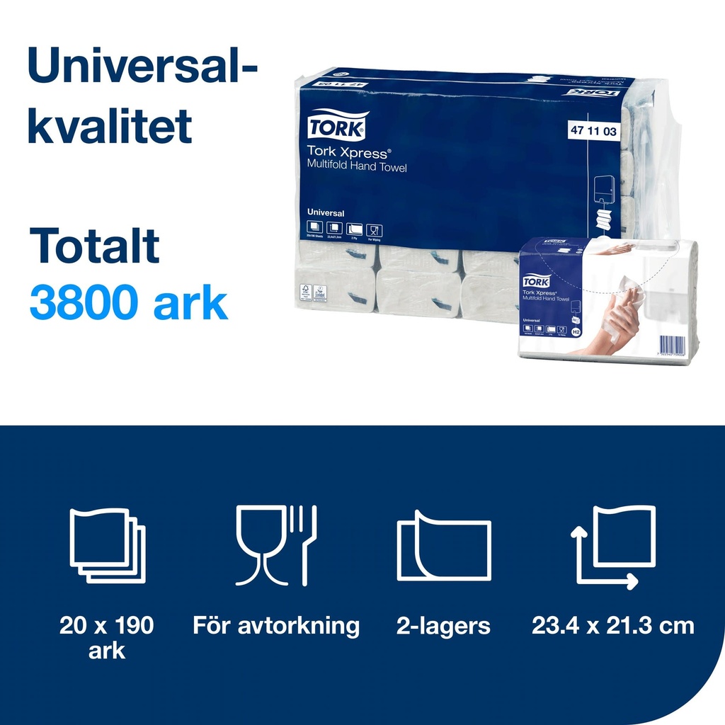 Pappershandduk Tork Mfold Uni H2 3800 st/bal