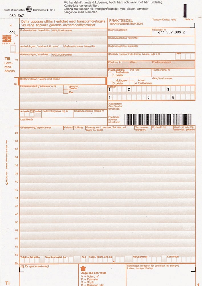 Fraktsedel 1orig+3kop   100/fp