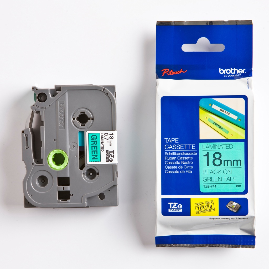 Märkband TZe741 18mm sva/grö