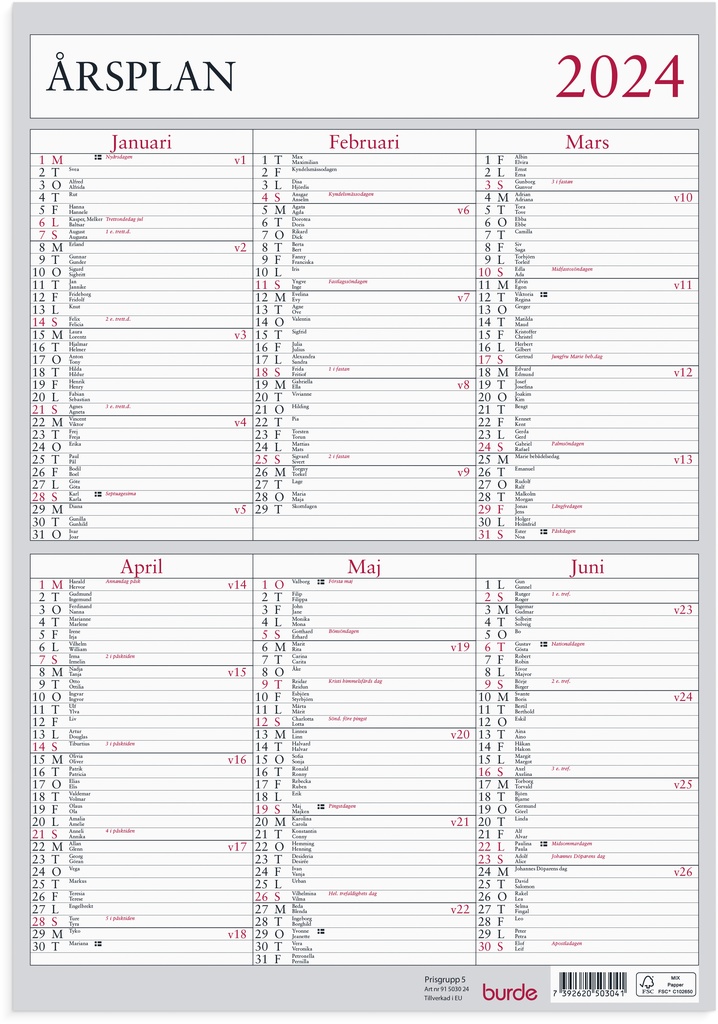 Väggkalender 2024 Årsplan