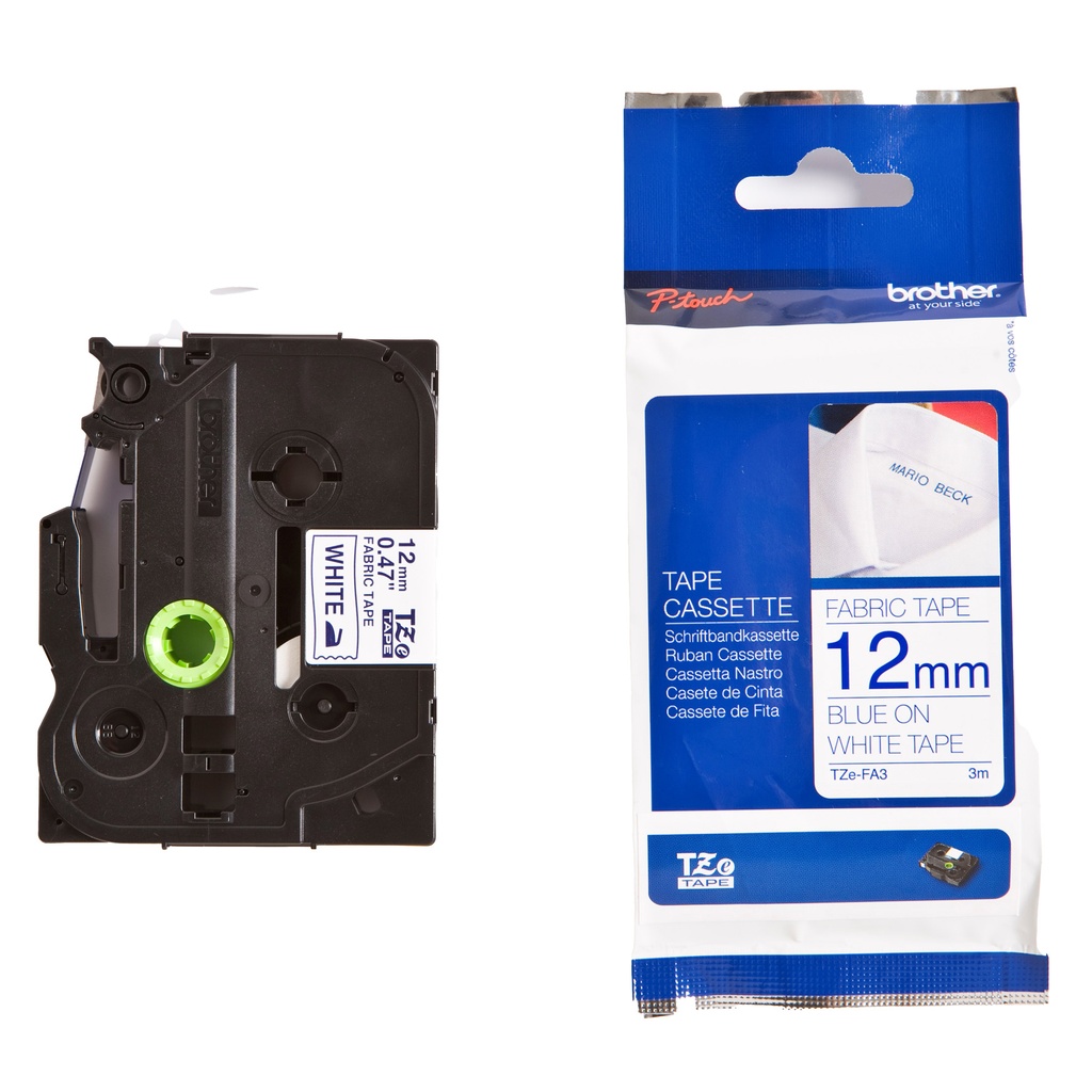 Märkband TZe 12mmx3m blå/vit