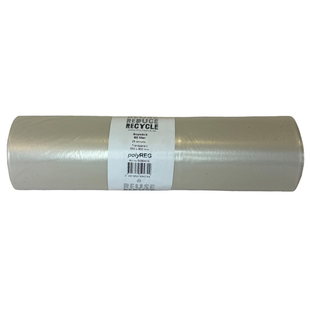 Sopsäck PolyREG 60 liter transparent 35 my 9x25 st