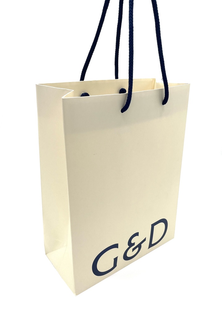 Papperkasse "mellan" beige med blå logo 28x13x36 cm, runda handtag 100st/krt