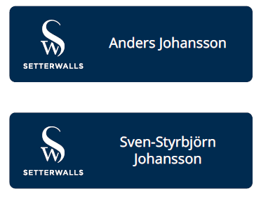 Namnskylt blå med vitt logo & namn inkl. magnet