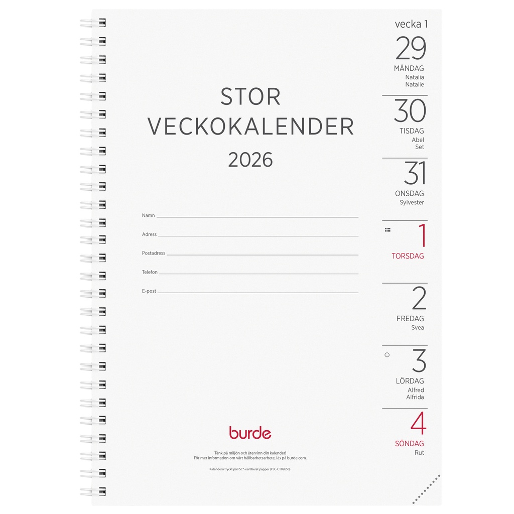 Stor Veckokalender 2026 refill