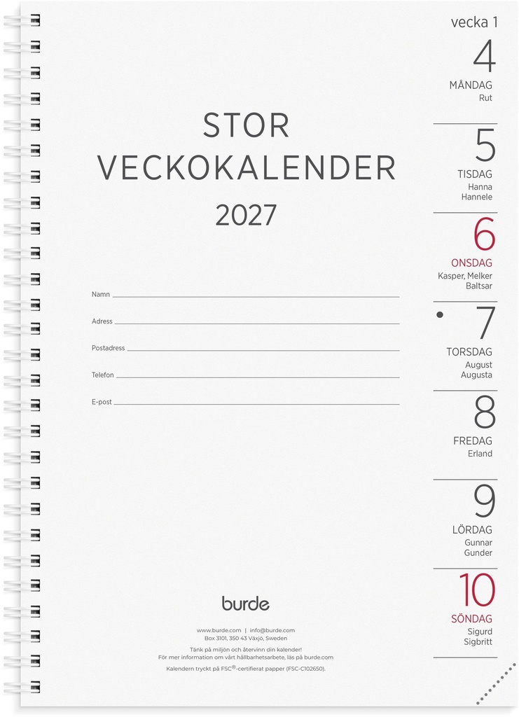 Stor Veckokalender 2027 refill Burde