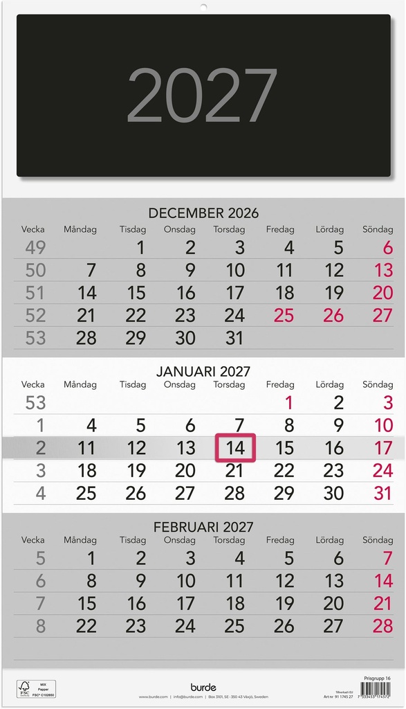 Väggkalender 2027 Triplaner Elegant Burde