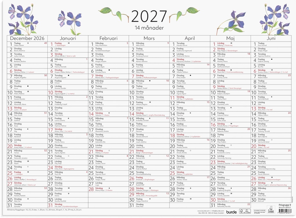 Väggblad 2027 14-månader Burde