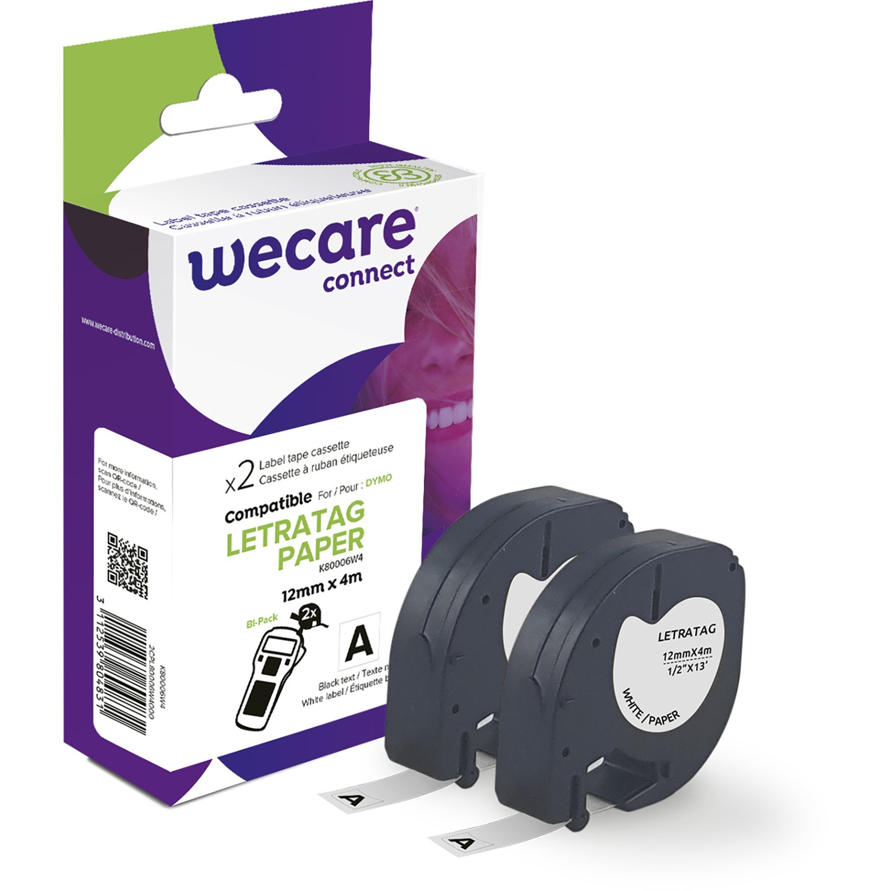 [8559059] Märkband Wecare papper svart/vit 12 mm 4 Meter 2-pack